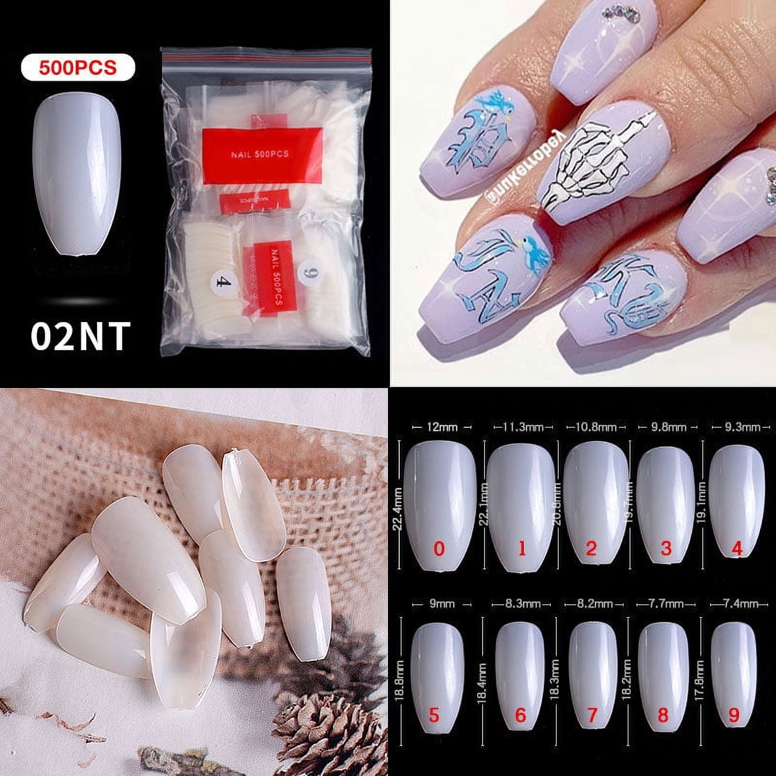 500PCS Pre Shaped False Nails Tips, 10 Sizes Lady French Style Acrylic Artificial Tip Manicure for Nail Tips Art Salons and Home DIY