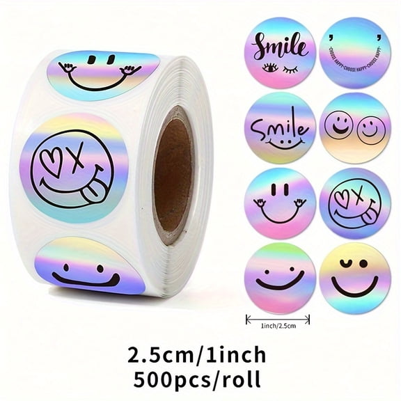 500PCS Rainbow Holographic Thank You Stickers Roll, 8-Pattern Smiley Face Adhesive Labels for Small Business Packaging, Gift Bags, Envelopes, Boxes and Party Favors