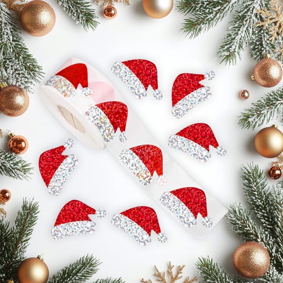500PCS Red Christmas Santa Hat Stickers, Glitter Santa Hat Adhesive Waterproof Decoration, Xmas Paper Labels for Winter Holiday Invitation Greeting Card