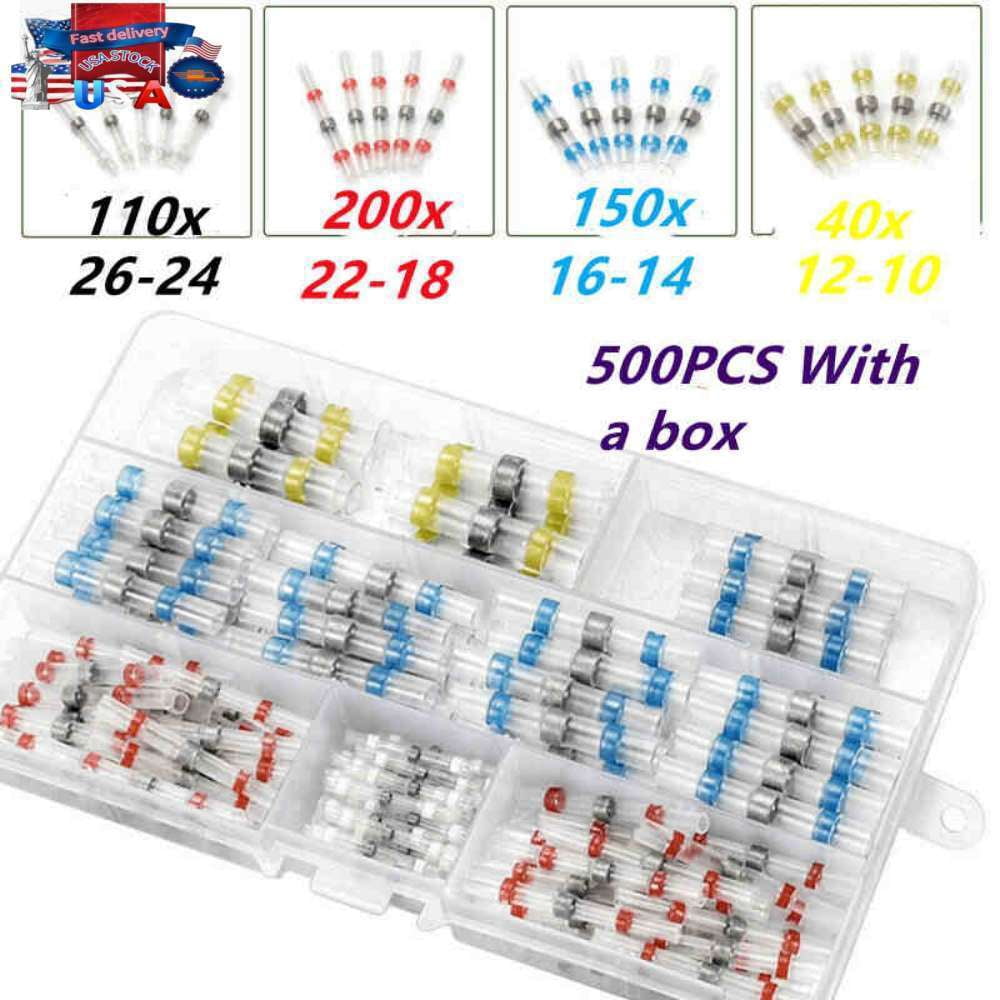 500PCS Solder Seal Sleeve Heat Shrink Electric Butt Wire Connectors Terminal Kit