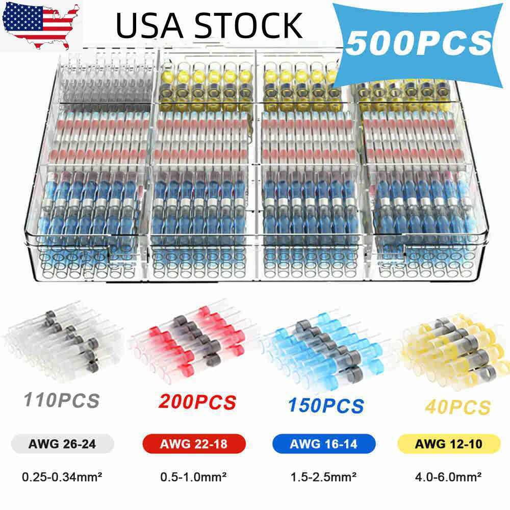 500PCS Solder Seal Sleeve Heat Shrink Electric Butt Wire Connectors Terminals US