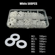 500PCS White Plastic Washers Flat Nylon Washer Assorted Washer Seals M2-M8