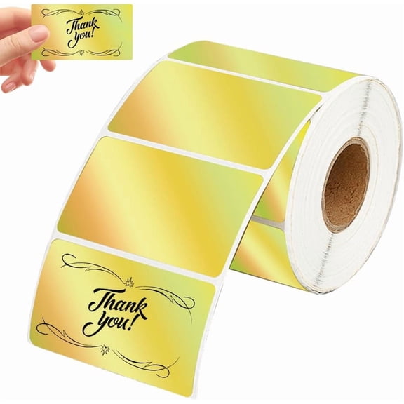 500Pcs 1.26" x 2.24" Gold Thermal Labels Holographic Label Stickers Paper Waterproof Self Adhesive Rectangle Reflective Printer Tape Sticker for Wrapping Price Barcode DIY Craft LogoGolden