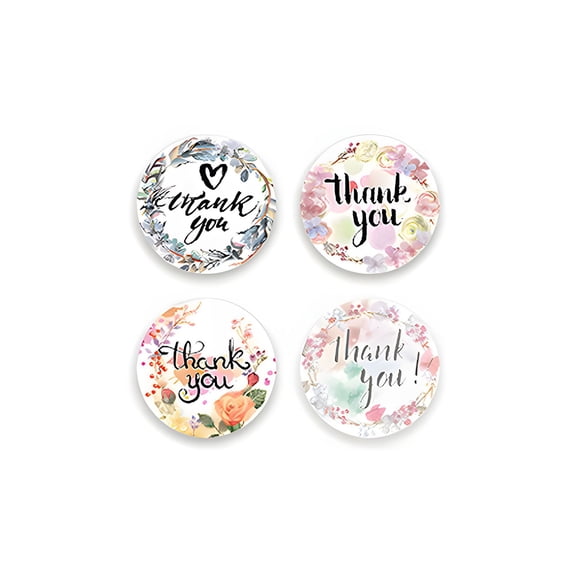 hank You Stickers 500 Pack, 1.5 Inch Round Self Adhesive Labels for Crafts Gift Wrapping and Bakery Packaging, 4 Floral Designs