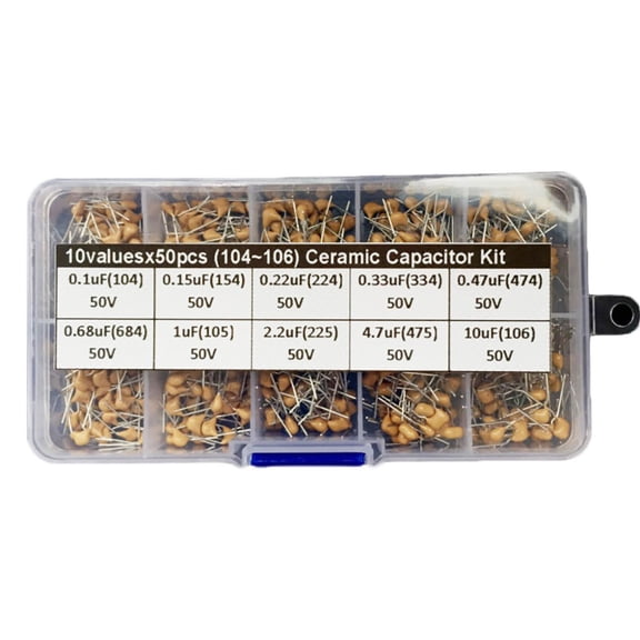 500Pcs 10 Values 0.1Uf~10Uf 50V Ceramic Capacitor Assorted Kit Assortment Set YIWEI