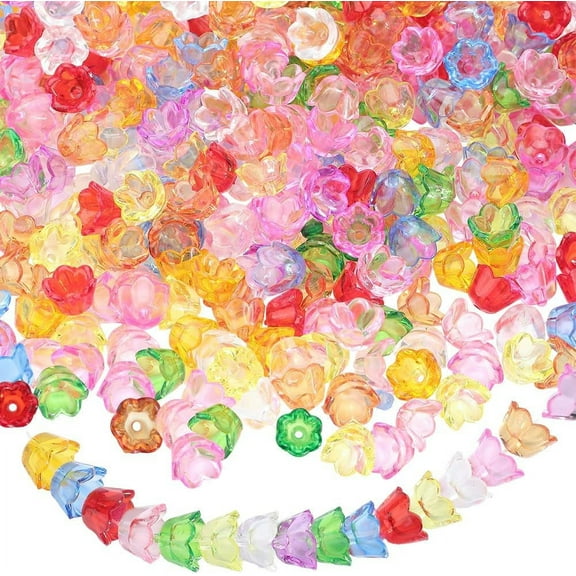 500Pcs Acrylic Flower Beads Flower Bead Caps Colorful Tiny Transparent Bell Floral Tulip End Caps Trumpet Flowers Spacer Beads
