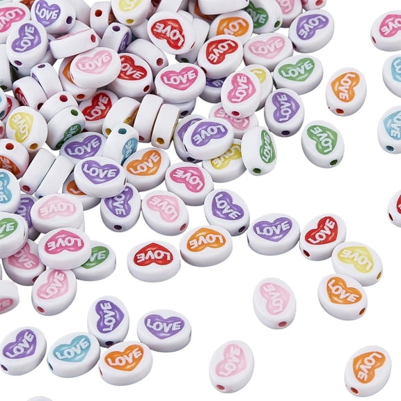 500Pcs Acrylic Love Beads Colorful Heart Beads Opaque Oval Hearts Shaped Valentines Print Small Spacer Loose Bead for Jewelry Making Necklaces Bracelets Earrings Supplies DIY Crafting Mixed Color