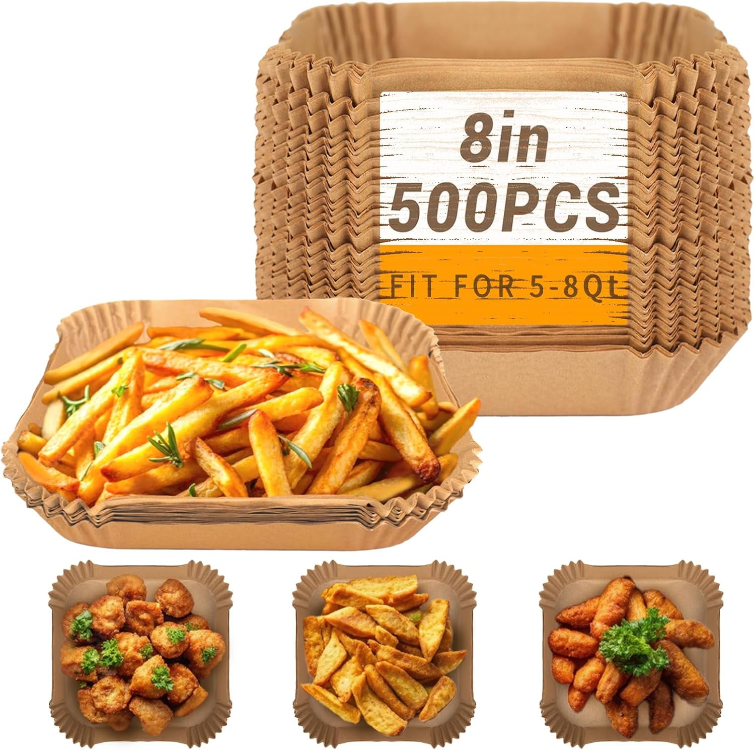 500Pcs Liners, 8” Square Disposable Parchment Paper Liner for 5-8 QT Air Fryer, Non-Stick, Oil Proof Unbleached Airfryer for Baking, Roasting Microwave