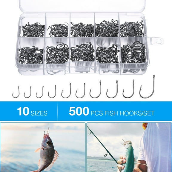 500Pcs Black Fish Hooks with Hole Fishing Tackle Box 10 Sizes Carbon Steel