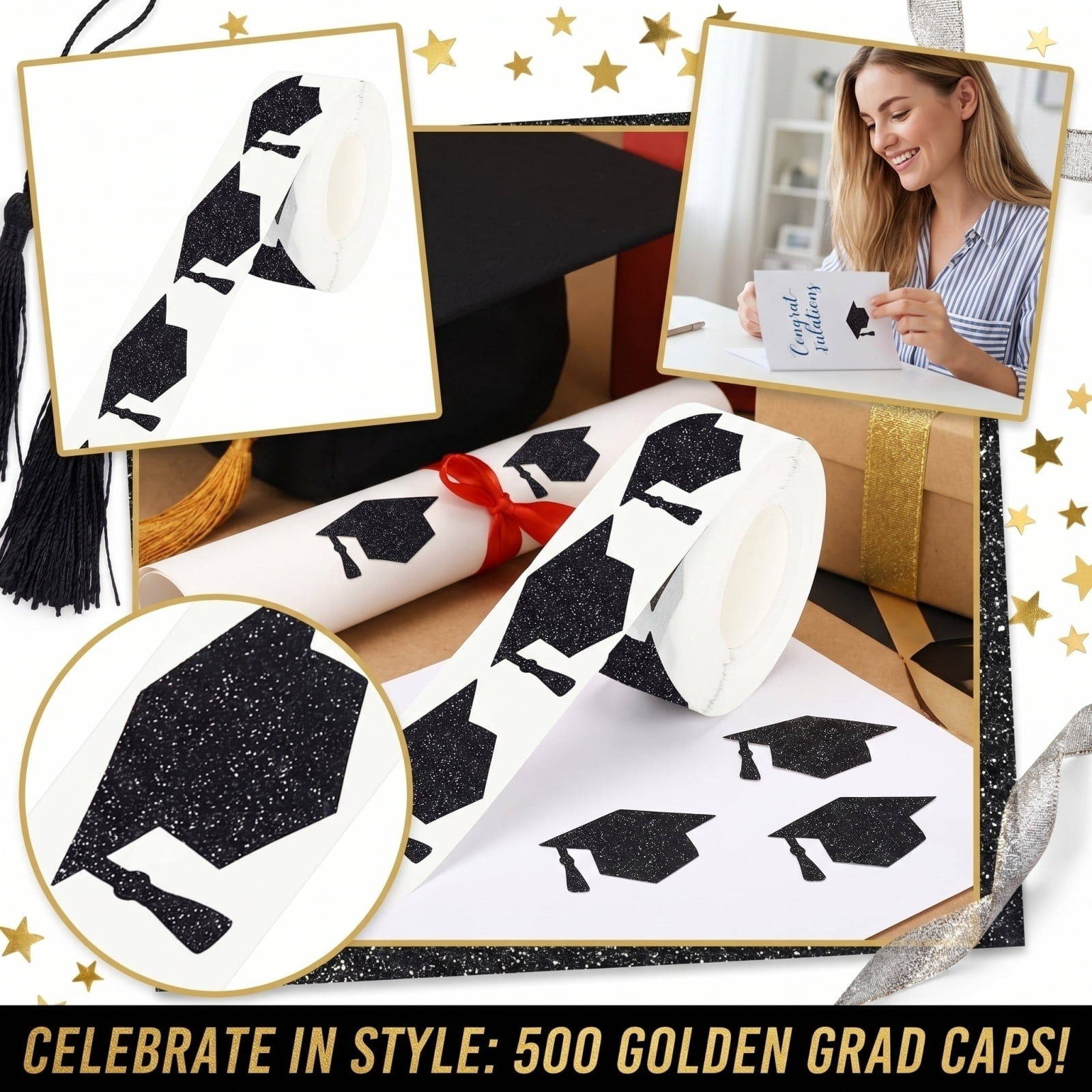 Graduation Invite Decals 500Pcs Black Glitter Graduation Cap Stickers, 1.5