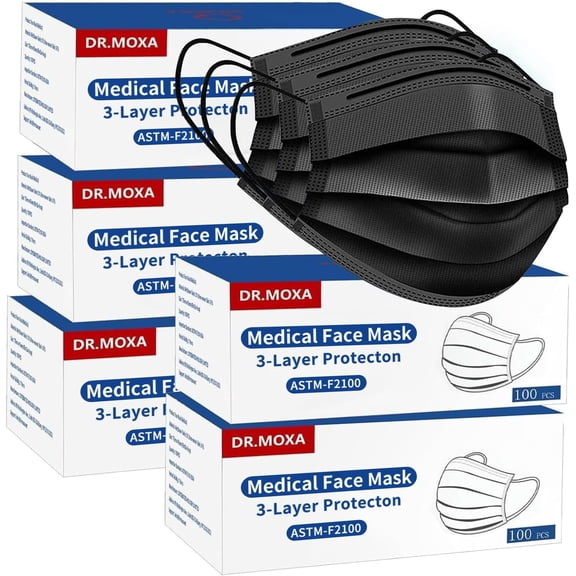 500Pcs Black Medical Disposable Face Mask(5 Boxes, 100pcs/Box), ASTM Level 2, Bulk Face Masks for Protection