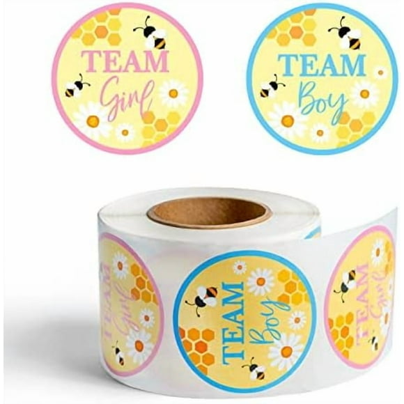 500Pcs Bumble Bee Gender Reveal Stickers Little Honey Bee Party Supplies Favors Perforated Roll Team Boy or Team Girl Stickers for Baby Shower Gender Reveal Party Voting Game Ideas, 2 inch