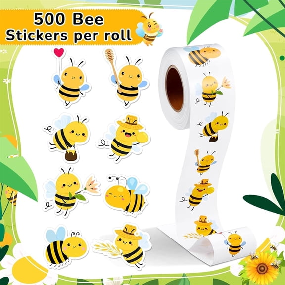 500Pcs Cartoon Bee Self Adhesive Labels Cute Sticker Roll Waterproof Honeybee Stickers for DIY Craft Gift(Yellow-5X3CM)