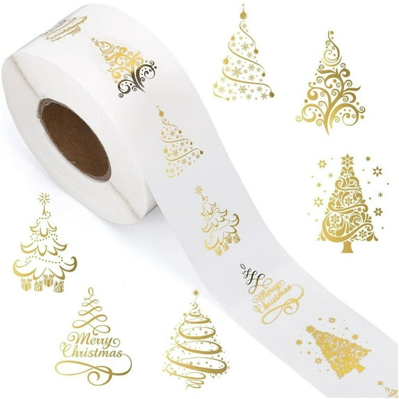 500Pcs Clear Christmas Stickers Roll Gold Foil Xmas Tree Seal Stickers Self-Adhesive Label Decals for Holiday Envelope Invitations Cards Gift Decor