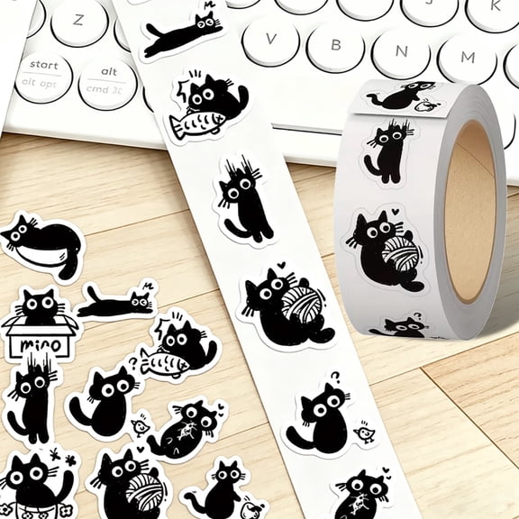500Pcs Cute Black Cat Stickers Roll,10 Styles Funny Meme Reward for Kids,1 Inch Cartoon Kitten Self-Adhesive Label Stickers for Classroom Incentives, Stationery Sealing, Office, Party Decor Supplies
