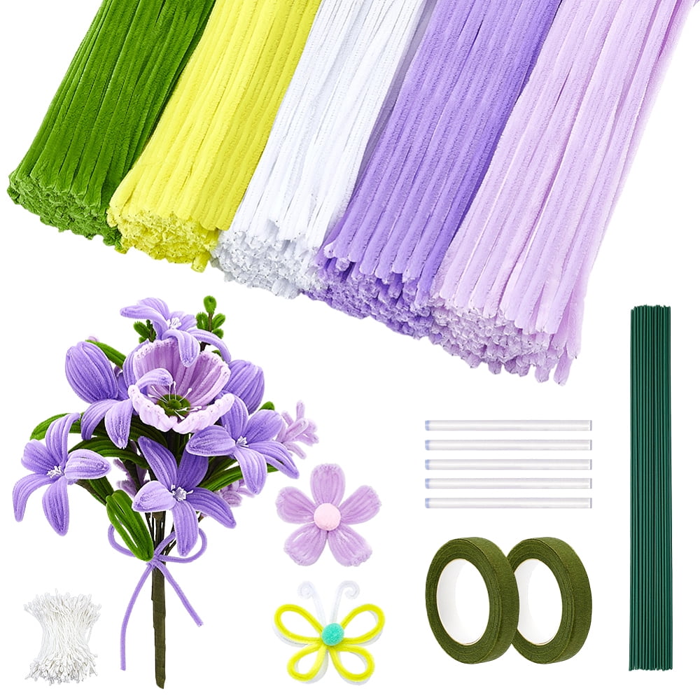500Pcs DIY Plush Sticks with 2 Rolls Paper Floral Adhesive Tape 20Pcs Plastic with Iron Floral Stem 5Pcs Hot Melt Plastic Glue Sticks