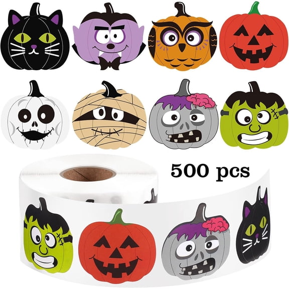 500Pcs Halloween Stickers 1.2 Inch Halloween Pumpkin Character Roll Stickers 8 Designs Pumpkin Face Favor for Party Decor