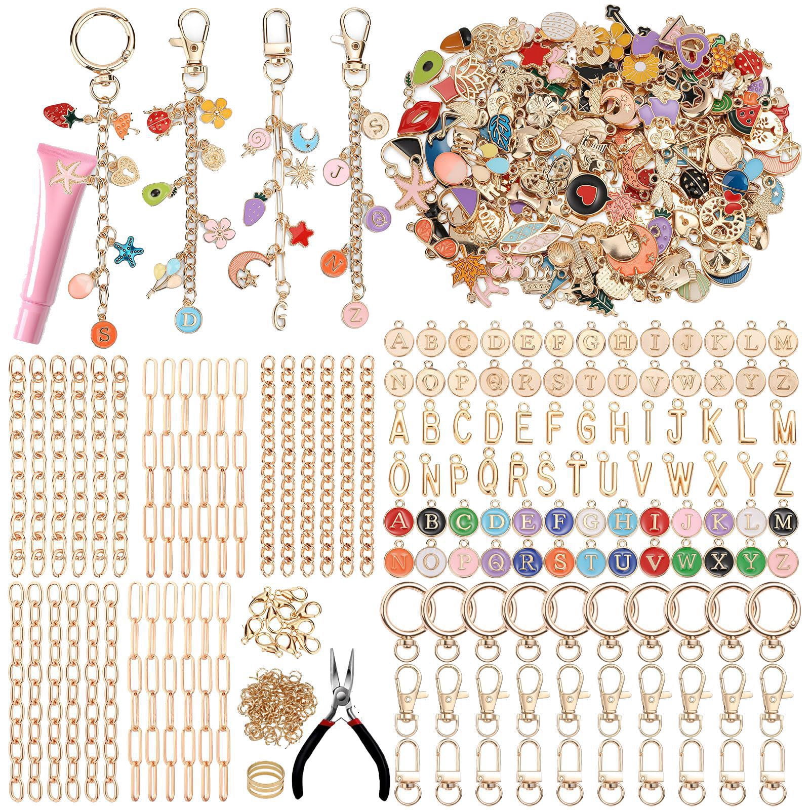 Lip Gloss Keychain Making Kit – 500 PCS DIY Key Chain Kit with Clips, Chains, Charms, Jump Rings & Jewelry Pliers for Bag Charms(RL 1 Set)