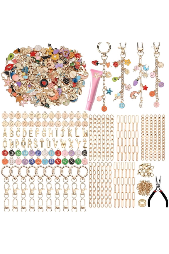 500Pcs Lip Gloss Keychain Making Kit with Charms, DIY Bag Charm Kit Including Key Chain Hooks, Jump Rings, Lobster Clasps & Tools, Gold Enamel Craft Making Supplies for Adults Teens Gifts