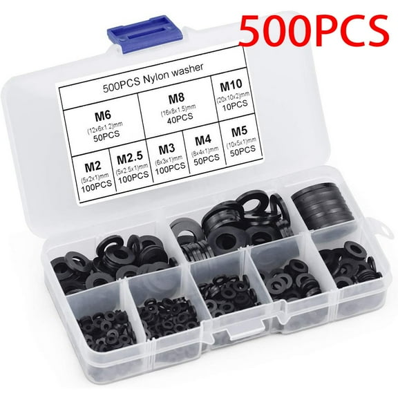 500Pcs Nylon Flat Washers Thick Flat Sealing Black Plastic Washers Form M2-M10