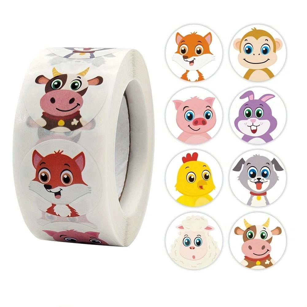 500Pcs/Roll Cartoon Animal Reward Stickers 2.5cm/1.0in Diy Decor Perfect For Learning Games Notebook Pad Fridge Gift Seal Labels