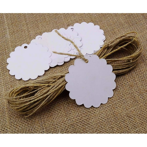 500Pcs Scalloped Wedding White Card PaperTag Bonbonniere Favor Lolly Bag Gift Tags with Jute Twines