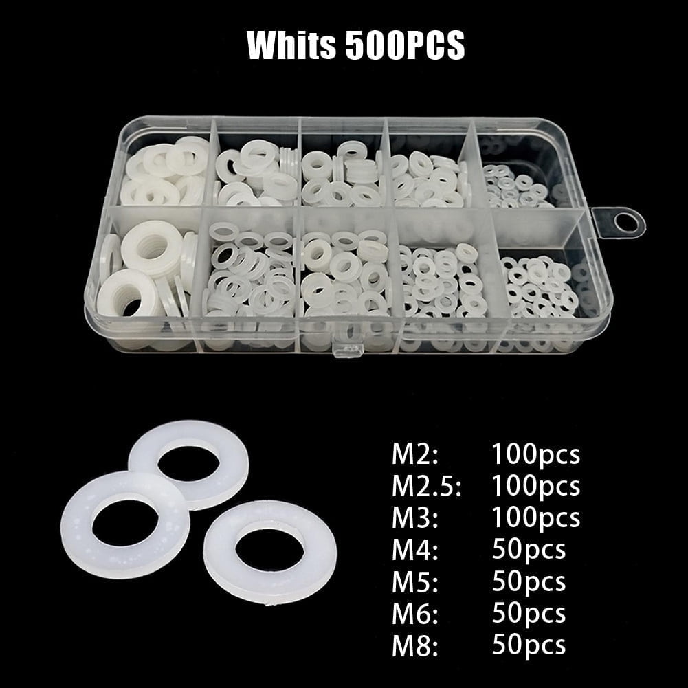 500Pcs White Plastic Washers Flat Nylon Washer Assorted Washer Seals M2-M8