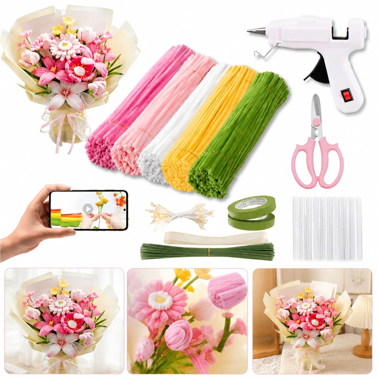 500Piece Pipe Cleaners Flowers Kit, Chenille Stems for DIY Flower Making, Crafts and Art Projects, Creative Holiday Decoration Supplies