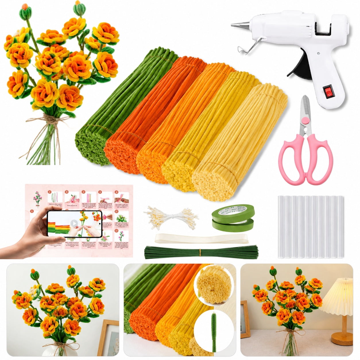 500Piece Pipe Cleaners Flowers Kit, Chenille Stems for DIY Flower Making, Crafts and Art Projects, Creative Holiday Decoration Supplies