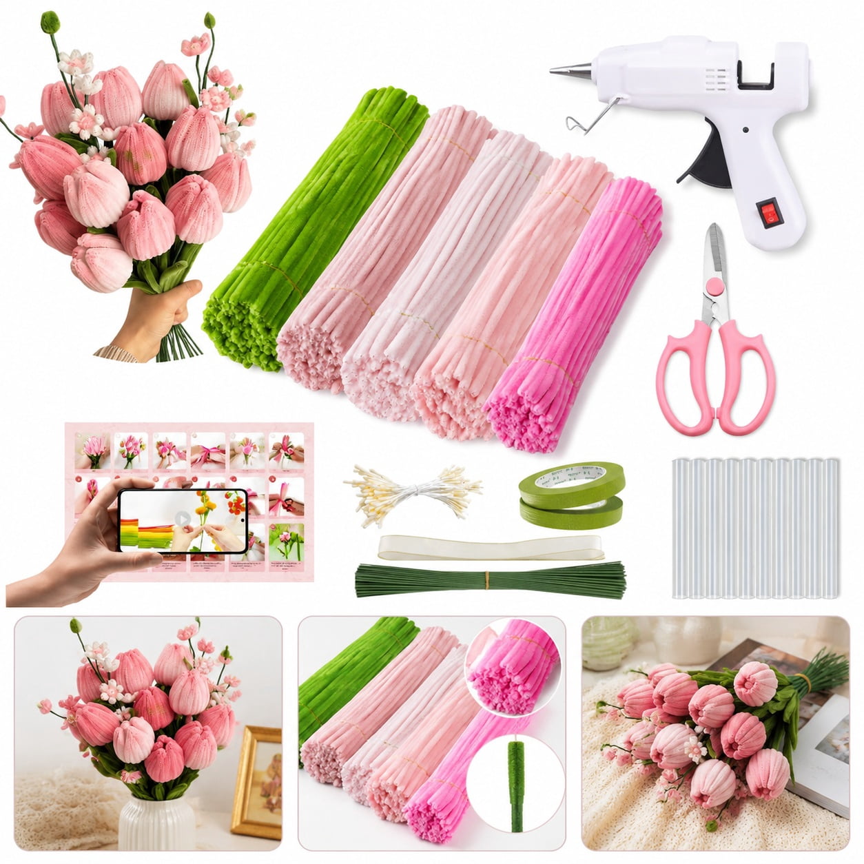 500Piece Pipe Cleaners Flowers Kit, Chenille Stems for DIY Flower Making, Crafts and Art Projects, Creative Holiday Decoration Supplies