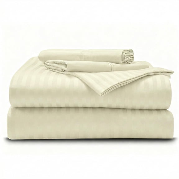 500TC Egyptian Cotton 4-Piece Striped Sheet Set, 10" Deep Pockets - Full, Ivory Stripe