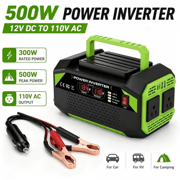 500W 1000W Peak Car Power Inverter DC12V‑AC110V, Dual US Outlet USB Fast Charger, Portable Vehicle Converter for RV Camping Emergency, Battery Not Included