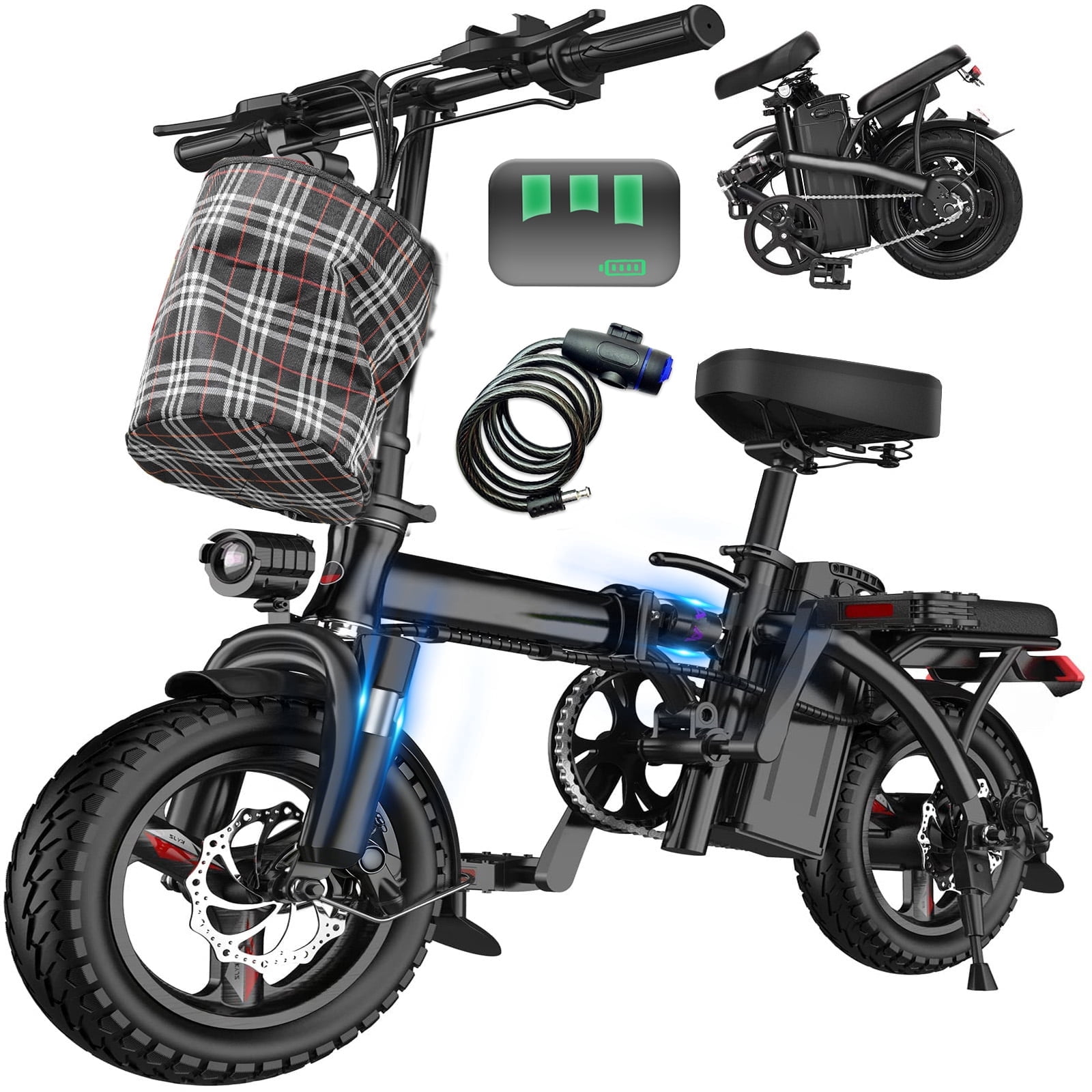 500W Adult Electric Bicycle,14 In Folding Electric Bicycle,48V 10.4Ah,Top Speed 25 Mph, Dual Disc Brake Safety System, 3-Speed Riding, Front Fork With Shock Absorption