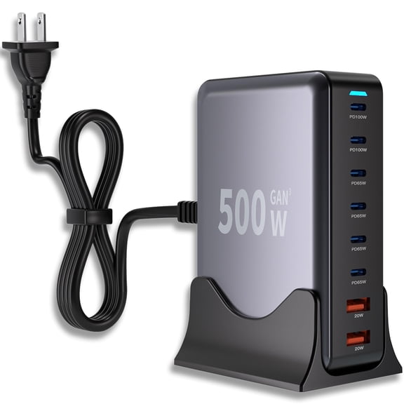 500W GaN USB C Charger Block Charging Station 8 Port Fast Charger Block with Dual 100W PD USB-C Fast Charging Station Hub Compatible with iPhone 17/16 15/14/13/Pro Max/MacBook Pro/Air/All iPad (Black)
