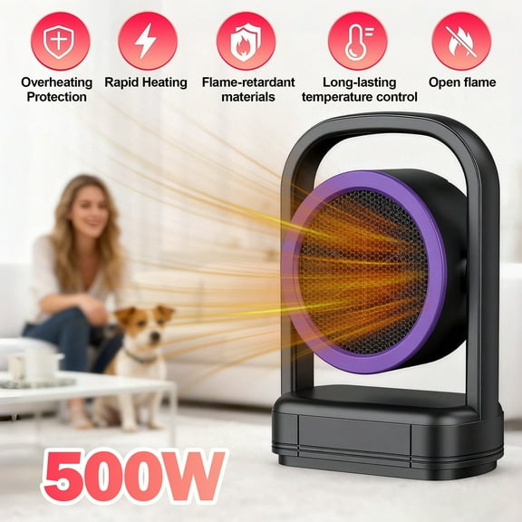Small Personal Heater for Indoor Use - 500W, Dual Heat Modes, Overheat Protection, Portable