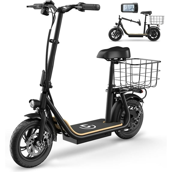 500W Peak Electric Scooter with Seats,37.5 Miles Max Range Electric Scooter,20mph Top Speed Commuter Ebike for Adults&Teens,Height Adjustable Foldable Electric Scooter with Basket&12" Tire