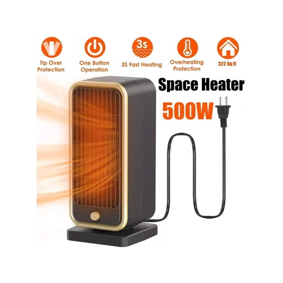 500W Portable Ceramic Heating Electric Heater With Overheat Protection And Tip Over Protection, 3 Seconds Quick Heating, Suitable For Small Indoor/Bedroom/Office/Living Room/Under Table Heaters