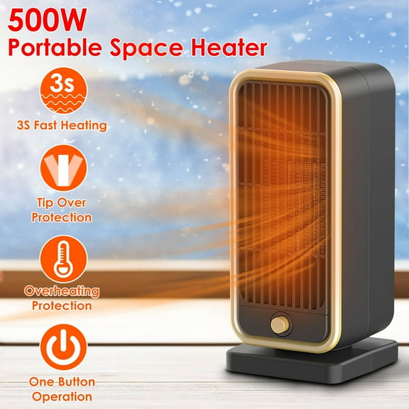 500W Portable Electric Heater PTC Ceramic Fast Space Heater Overheating Tip Over Protection 3S Heating Space For 322 Sq FT Home Office Use
