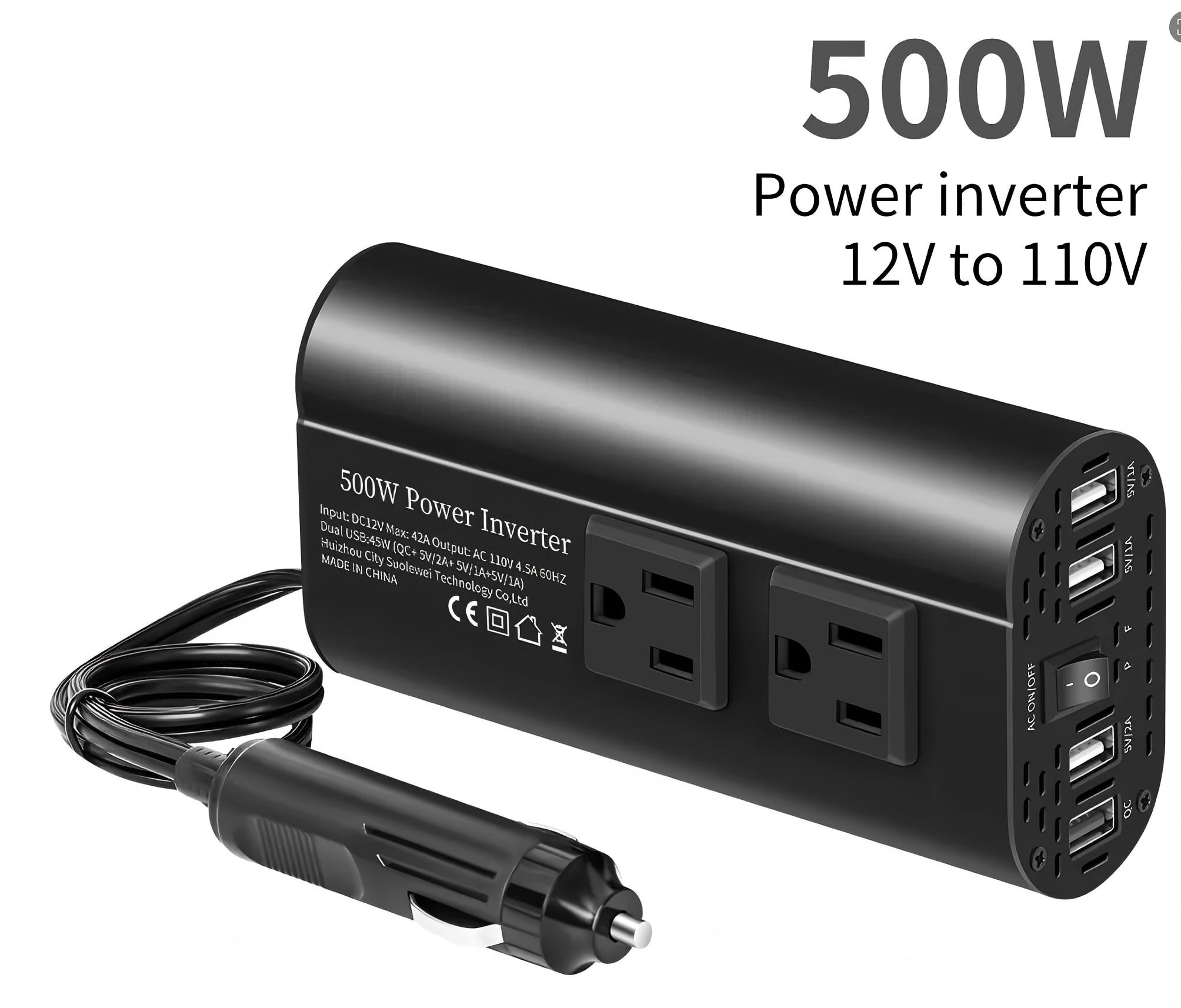500W Power Inverter - 12V DC to 110V AC Modified Sine Wave Car Inverter with Cigarette Lighter Plug & USB Port-Black