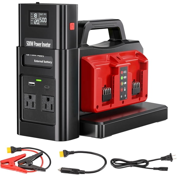 500W Pure Sine Wave Power Inverter for Mil*wau*kee M18 18V Battery, 4-Ports DC 18V to AC(2 Outlets) 120V Car Charger Plug Inverter Adapter Converter for Camping, Emergencies(Tool Only)