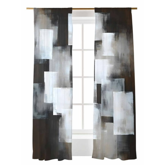 Abstract Brown White Sheer Curtains 2 Panels Set Modern Art Black Grey Watercolor Lihgt Filtering Rod Pocket Voile Drape, Semi Sheer Window Curtains for Bedroom Living Room, 52"x108"