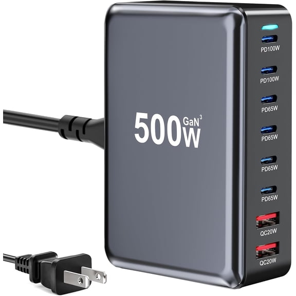 500W USB-C Fast Charger, 8-Port USB Charging Station, GaN III. Pro Dual 100W PD PPS Fast Charging Station, Multi-Device Support, Laptop Wall Charger Compatible with MacBook, iPhone 17, iPad and More