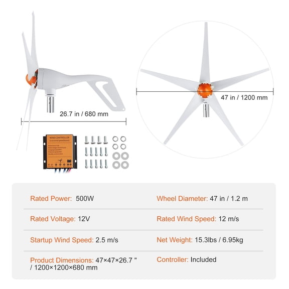 500W Wind Turbine Generator 12V Wind Turbine Kit 5 Blade Wind Power Generator with MPPT Controller Adjustable Windward Direction 2.5m s Start Wind Speed Suitable for Home Farm RVs Boats