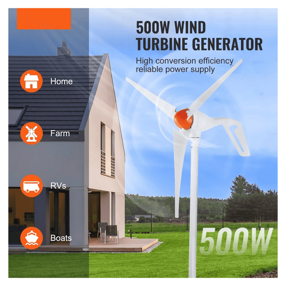 500W Wind Turbine Generator Kit 12V, 3-Blade Wind Power Generator with MPPT Controller, Low Start Wind Speed 2.5m/s, for Home, Farm, RV & Boat