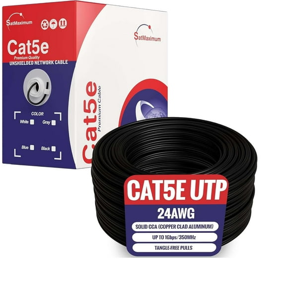 500ft Cat5e Solid 24AWG Ethernet Network Cable – UTP Unshielded Bulk LAN Copper Clad Aluminum Wire Pull Box for Internet, Router, Switch, PC, Black