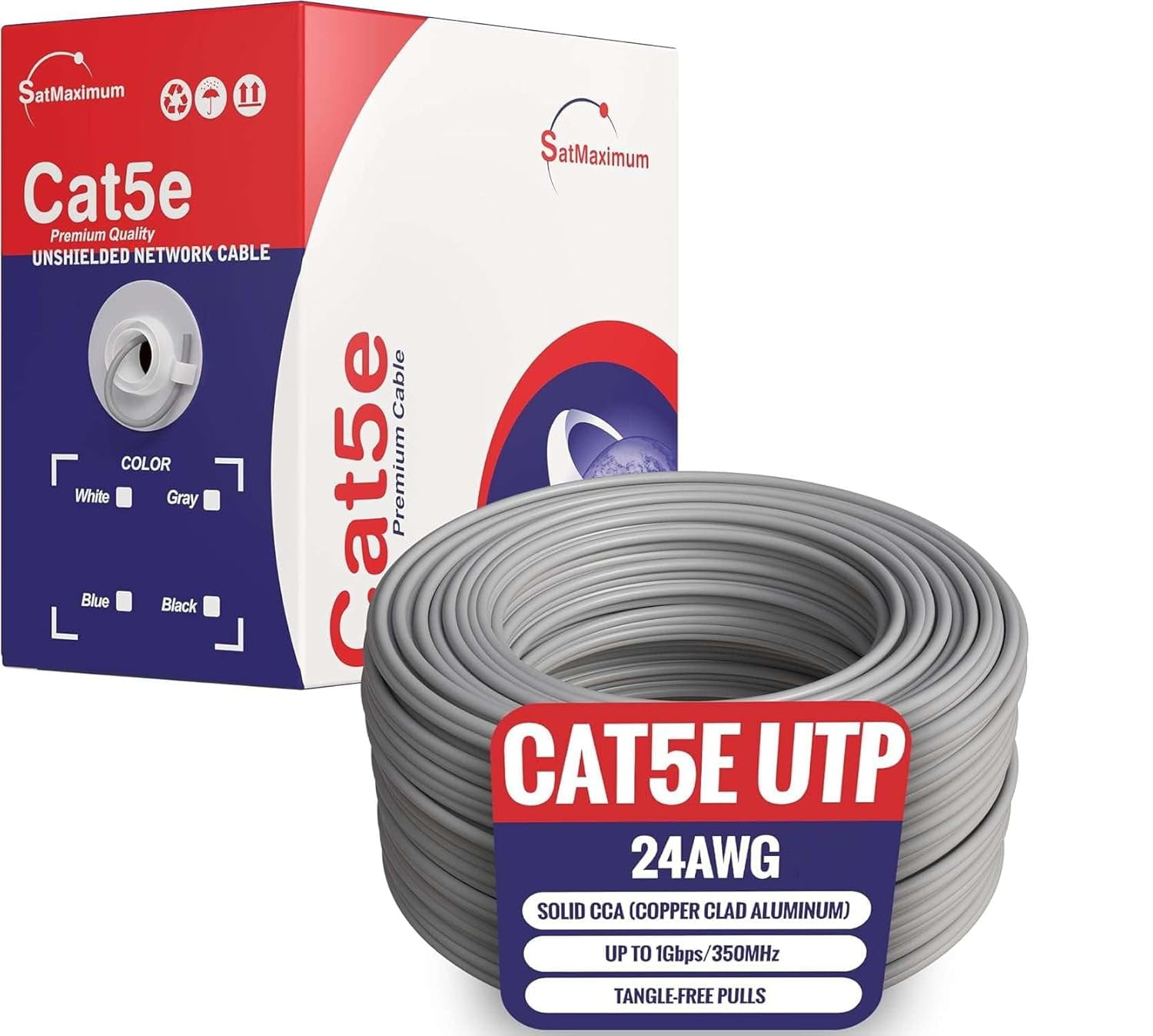 500ft Cat5e Solid 24AWG Ethernet Network Cable – UTP Unshielded Bulk LAN Copper Clad Aluminum Wire Pull Box for Internet, Router, Switch, PC, Gray