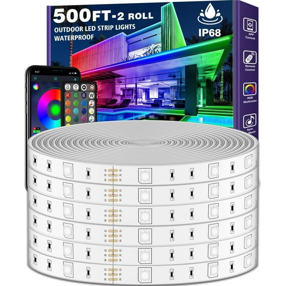 500ft Outdoor LED Strip Lights ,IP68 Outside Led Light Strips with App and Remote,Music Sync RGB Exterior Led Rope Lights with Self Adhesive for Roof,Deck,Balcony