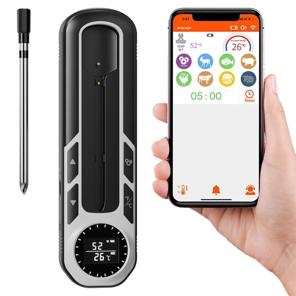 500ft Smart Bluetooth Meat Thermometer with IP66 Waterproof, Food Thermometer for BBQ, Wireless Meat Thermometer for Kitchen, Smoker,Grilling, Oven, Rotisserie Gift(iOS & Android)