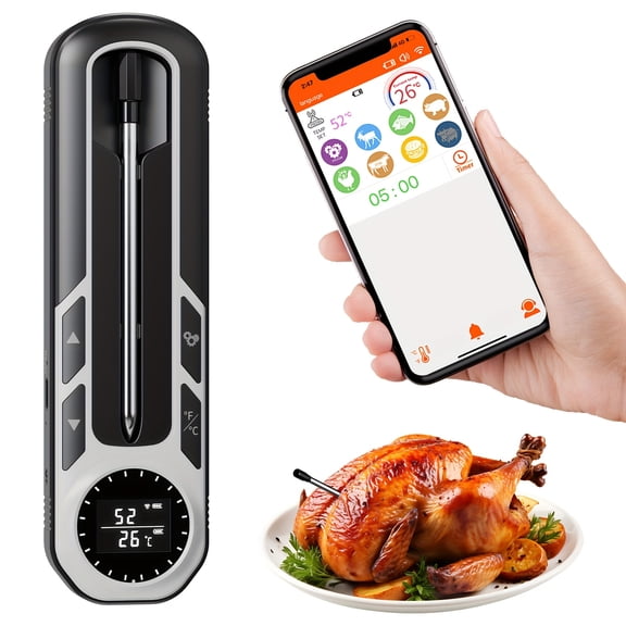 500ft Wireless Smart Meat Thermometer - Digital Display with Preset Alarm Timer for BBQ Grill Smoker Camping