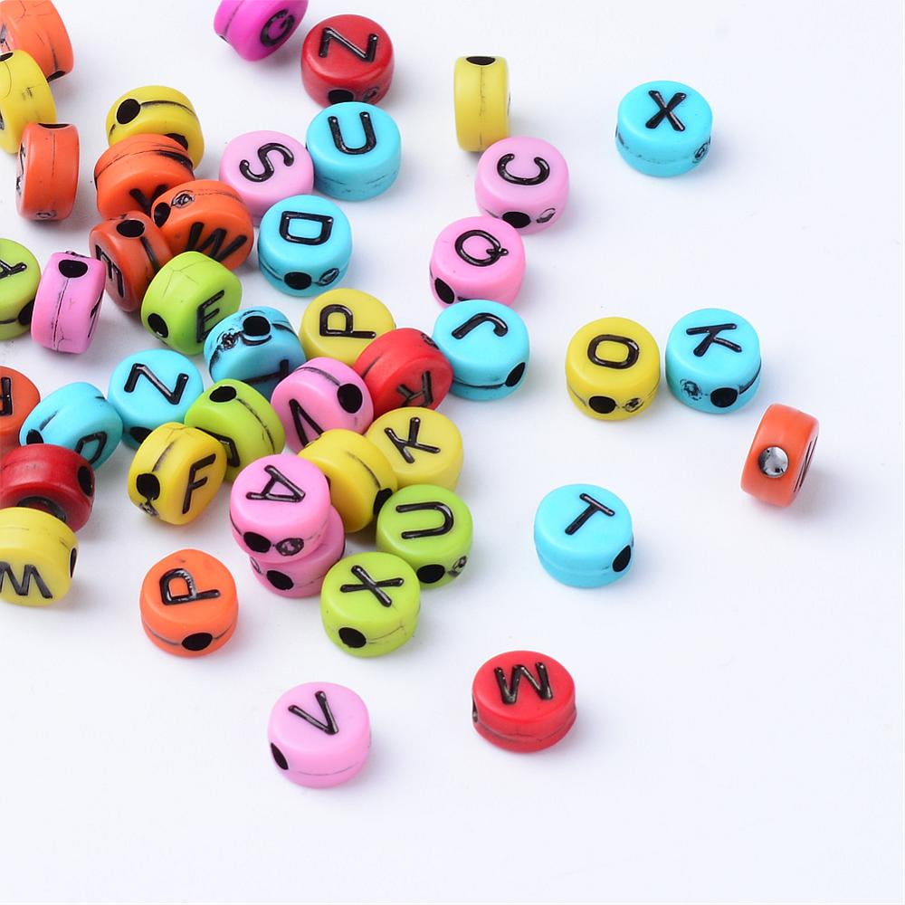 500g Craft Acrylic Horizontal Hole Letter Beads Flat Round Mixed Color Letter 6~7x3.5~4mm Hole: 2mm about 3600pcs/500g
